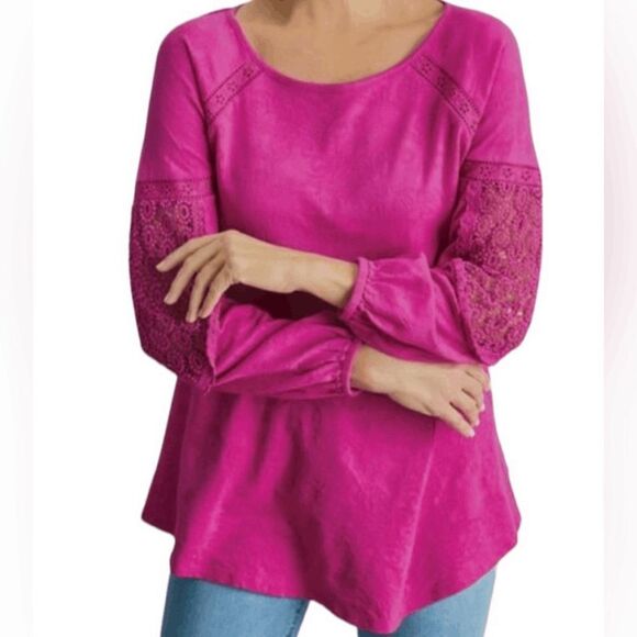 Soft Surroundings Bella Tunic top shirt bamboo fuchsia pink lace sleeve Sz M - Picture 1 of 8